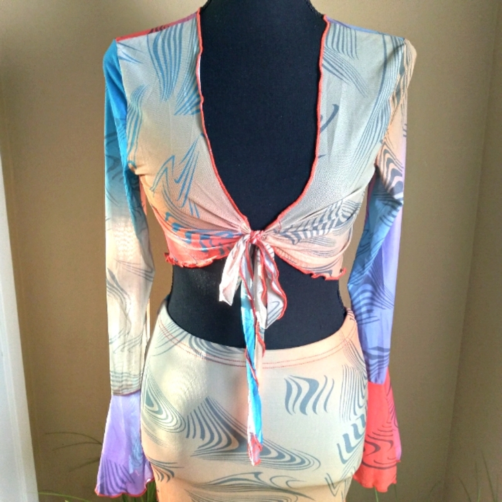 Women's Two-piece Bright Color Mesh Tie Up Shirt w/Skirt- Size Medium NWOT - Picture 13 of 17